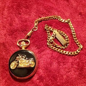 Milan Motorcycle Black & Gold Enameled Pocketwatch Watch‎ with Chain & Clip